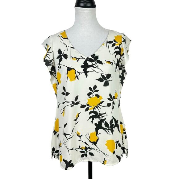 Cabi 3963 Swallowtail Floral White Black Yellow Bird Gold Flower Flutter Blouse - Picture 1 of 9